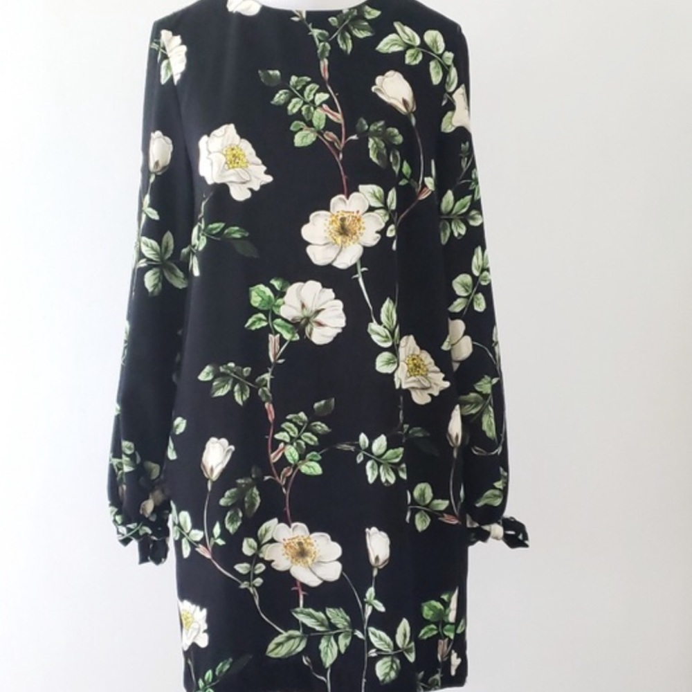 H&M black floral shift dress LS tie wrist sz16